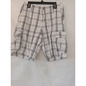 Vira Mens Plaid Cargo Shorts White Blue Check Cotton Size 33W